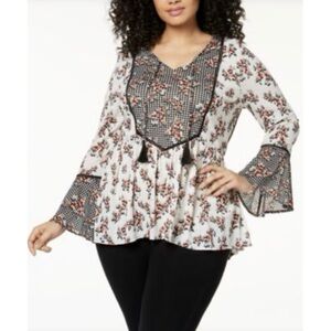 Style & Co Peasant Blouse NWOT L Large Gingham Floral Print Bell Sleeves NEW